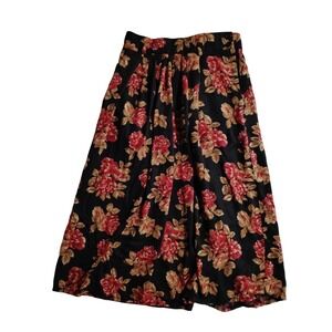 Jones New York Vintage 90s Floral Rose Pleated Midi Skirt Black Red Rayon Size 6